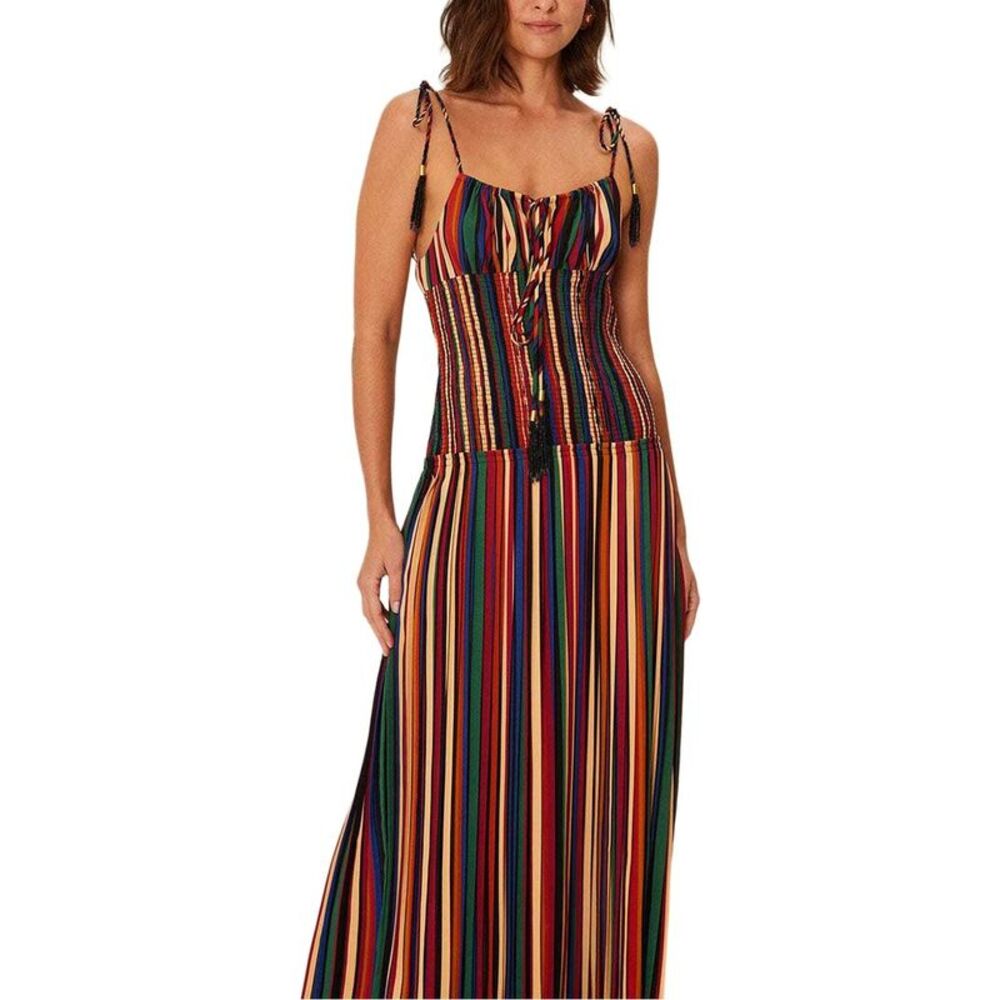 Farm Rio Womens  Pipa Stripes Multicolor Midi Sleeveless